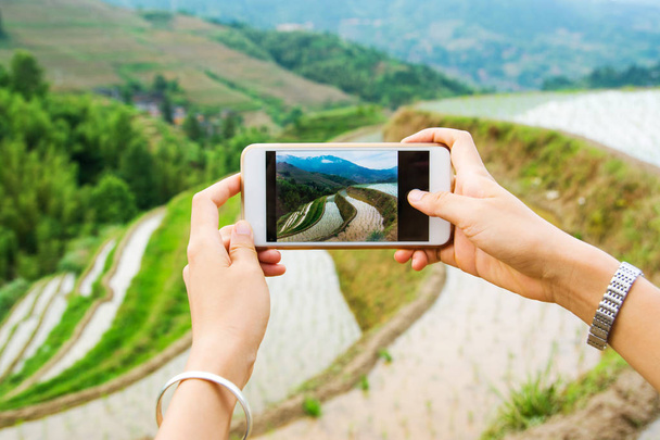 Chica capturar arroz terraza paisaje con un teléfono
 - Foto, imagen