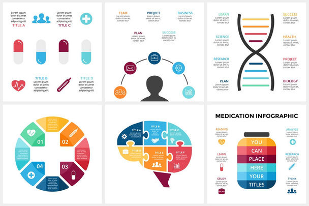 Φορέα infographic ιατρικής. Πρότυπο για ανθρώπινος εγκέφαλος διάγραμμα υγειονομικής περίθαλψης γράφημα, ιατρική γιατρός παρουσίαση, επιστήμη διάγραμμα. Νοσοκομεία ιδέα με το επιλογές, τμήματα, βήματα. Παζλ, συν - Διάνυσμα, εικόνα