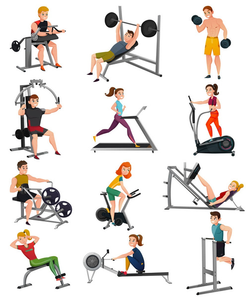 Exercise Equipment With People Set - Vector, Image
