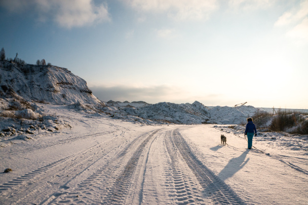 woman and dog walking on snowy road - Photo, Image
