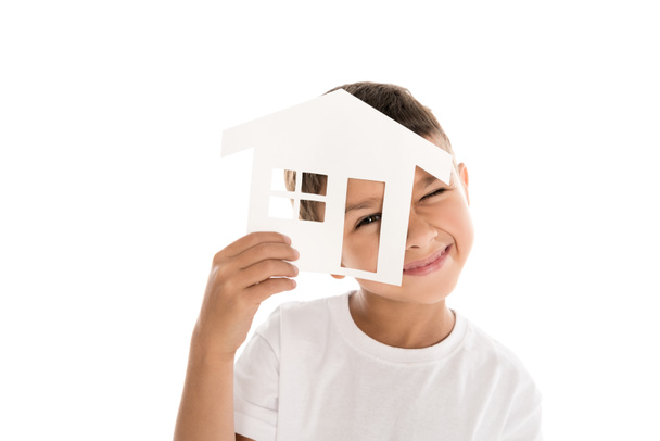 boy holding house model - 写真・画像