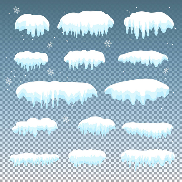 Schneekappen, Schneebälle, Schneeverwehungen, vereiste Eiszapfen. Schneekappen-Vektor-Sammlung. Winter schneebedeckten Elementen blauer Hintergrund, transparente Wirkung. Zeichentrickvorlage. Schneefall und Schneeflocken im Bewegungsvektor - Vektor, Bild