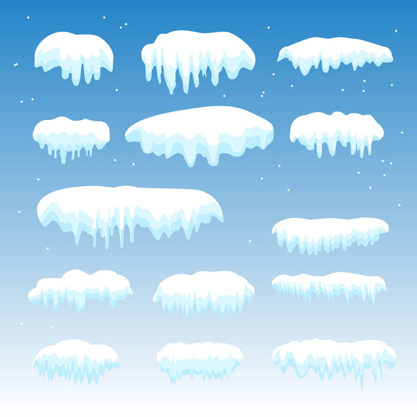 Schneekappen, Schneebälle, Schneeverwehungen, vereiste Eiszapfen. Schneekappen-Vektor-Sammlung. Winter schneebedeckten Elementen blauer Hintergrund, transparente Wirkung. Zeichentrickvorlage. Schneefall und Schneeflocken im Bewegungsvektor - Vektor, Bild