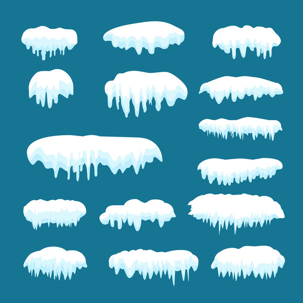 Sneeuw caps, sneeuwballen, sneeuwlaag, ijzige ijspegels set. Sneeuw GLB vector collectie. Winter Snowy elementen blauwe achtergrond, transparant effect. Cartoon sjabloon. Sneeuwval en sneeuw in beweging Vector - Vector, afbeelding