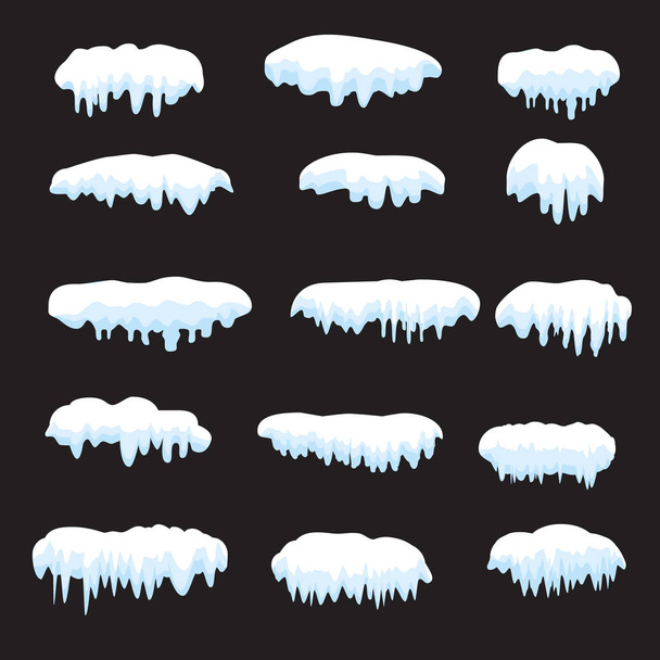 Sneeuw caps, sneeuwballen, sneeuwlaag, ijzige ijspegels set. Sneeuw GLB vector collectie. Winter Snowy elementen zwarte achtergrond, transparant effect. Cartoon sjabloon. Sneeuwval en sneeuw in beweging Vector - Vector, afbeelding