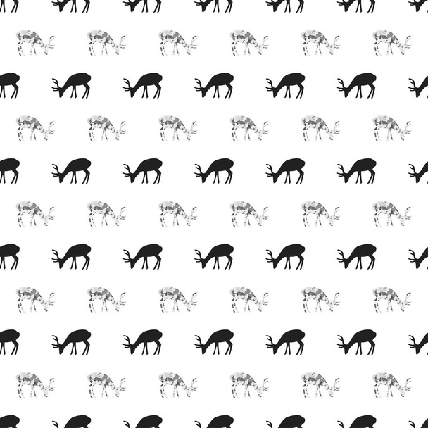 Christmas New Year seamless pattern with deer, reindeer. Holiday black background. Silver white deer. Xmas winter doodle decoration. Silver texture. Hand drawn vector illustration. Wrapping gift paper - Wektor, obraz