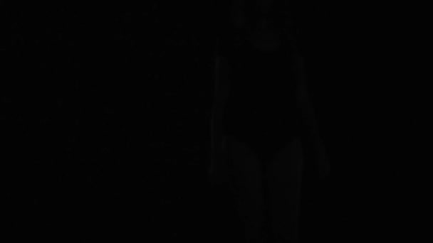 Black and white silhouette of young, sporty and sexy woman in lingerie - Footage, Video