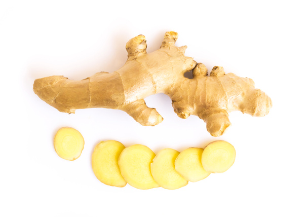 Fresh ginger root with slices on white background for herb and medical product concept, top view - Photo, Image