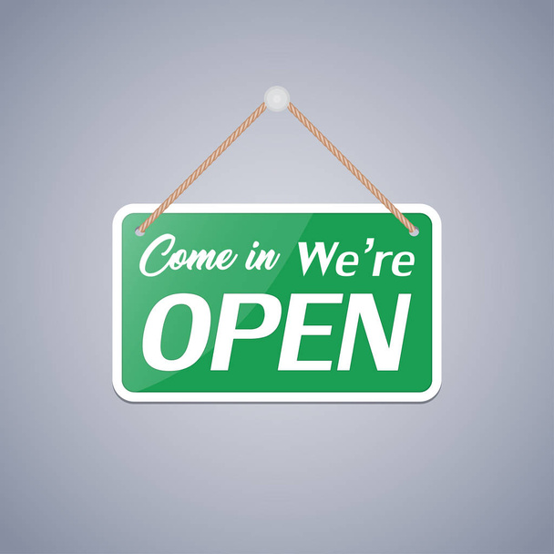「入って、私たちはオープンです」というビジネスサイン. - ベクター画像