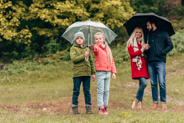 padres e hijos con paraguas
 - Foto, Imagen