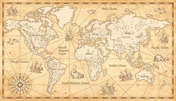 Vintage εικονογραφημένος Παγκόσμιος Χάρτης - Διάνυσμα, εικόνα