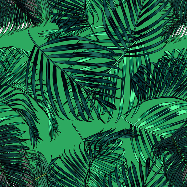 Palm leaves silhouette on the green background. Vector seamless pattern with tropical plants. - Vektor, Bild