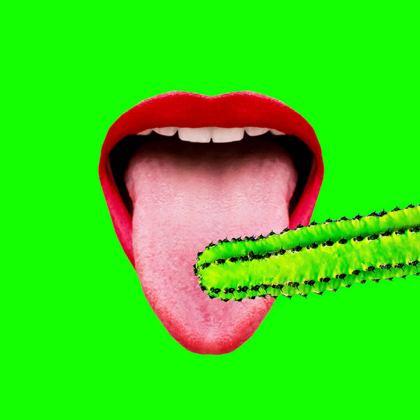 Play. Sex concept. Mouth and big cactus. Contemporary fashion ar - Foto, Imagen