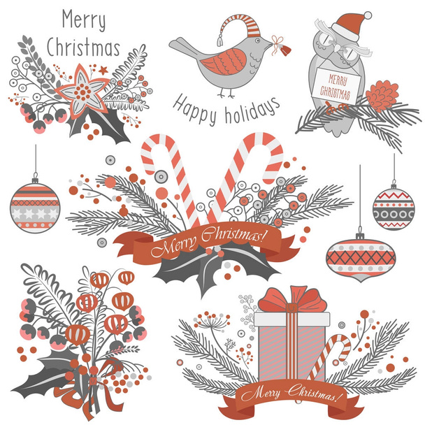 Karácsony és újév dekorációs készlet ajándékok, állati játékok, kalligrafikus labdák, édességek és emblémák. - Vektor, kép