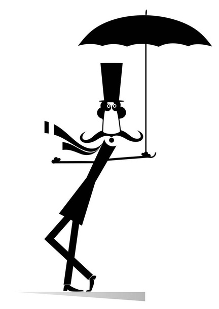 Mustache man in the top hat with umbrella isolated. Mustache man in the top hat with umbrella staying on the wind - Vektori, kuva