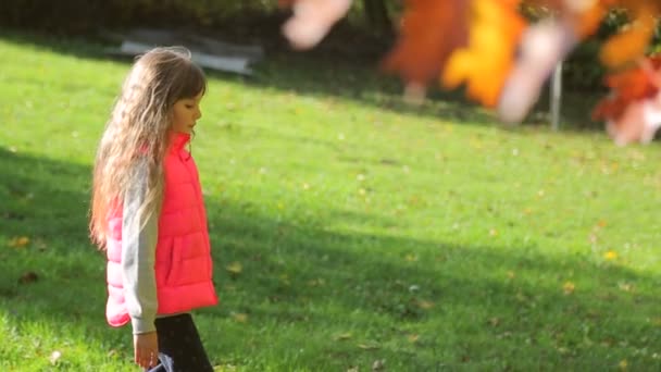 Μικρό κορίτσι με περίπατο στο πάρκο φθινόπωρο. Κίνηση της κάμερας στο προφίλ μαζί με το βήμα κορίτσια - Πλάνα, βίντεο