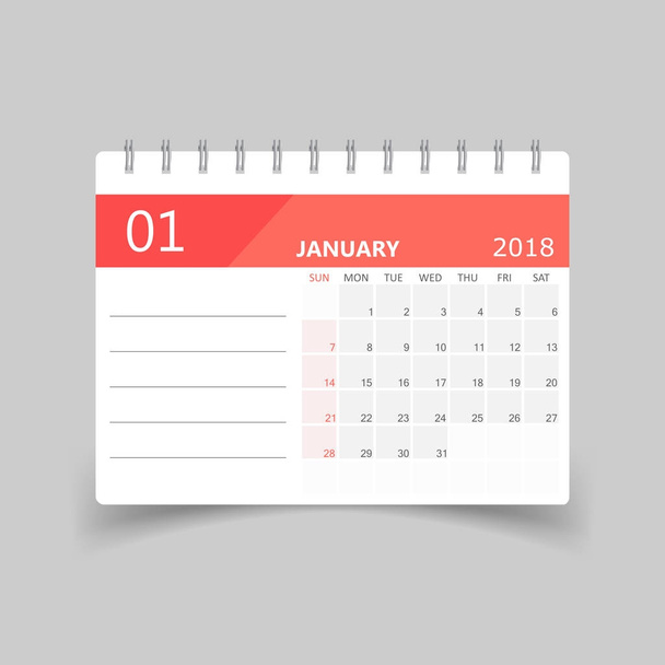 Ημερολόγιο Ιανουαρίου 2018. Πρότυπο σχεδίασης planner ημερολόγιο. Εβδομάδα st - Διάνυσμα, εικόνα