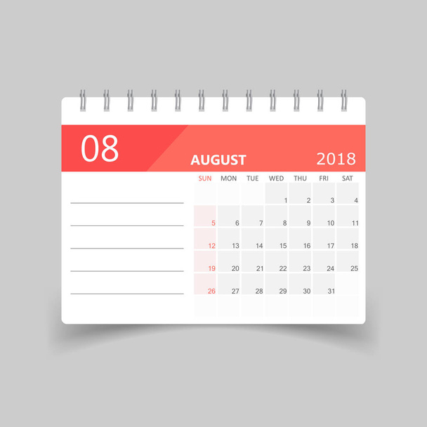 Calendario agosto 2018. Modello di progettazione calendario pianificatore. Settimana personale
 - Vettoriali, immagini
