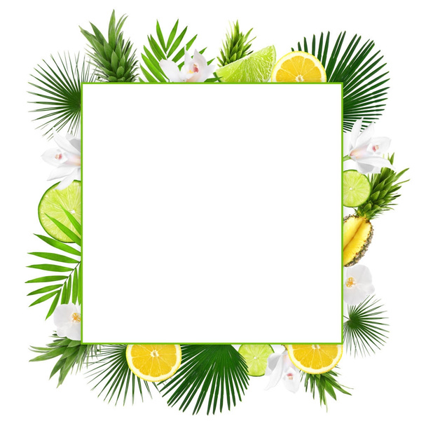 Frame of tropical leaves, sliced fruits and flowers  - Foto, Imagen
