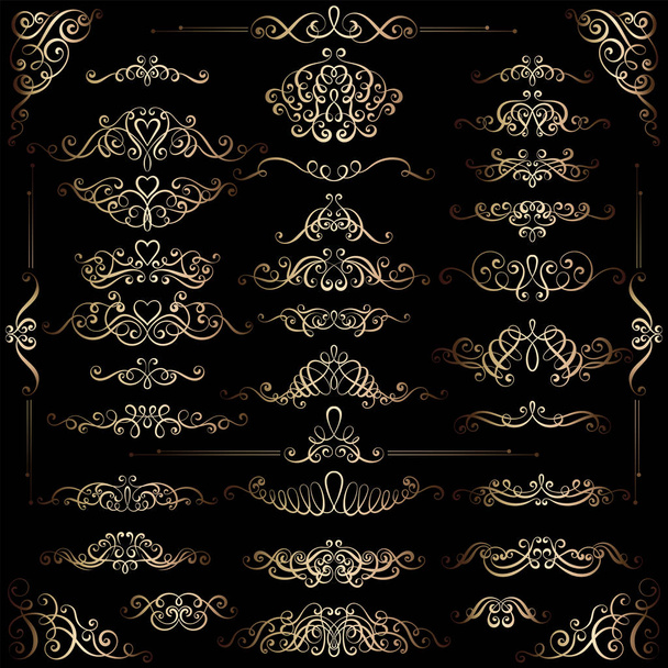 Collection of vintage calligraphic flourishes, curls and swirls decoration for greeting cards,books or dividers. Gold set for decoration and design - ベクター画像