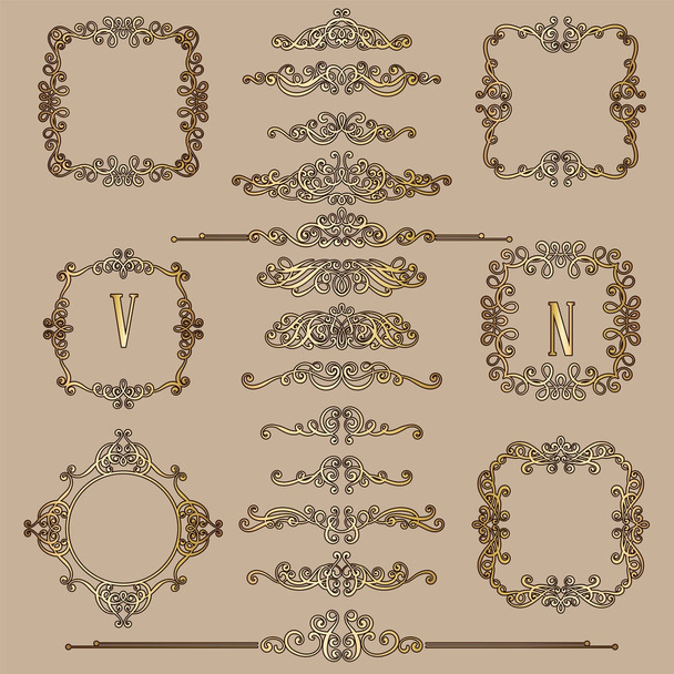 Gran conjunto de marcos caligráficos de estilo vintage de oro y florece, decoración compleja y exquisita para invitación o tarjeta de felicitación
 - Vector, imagen