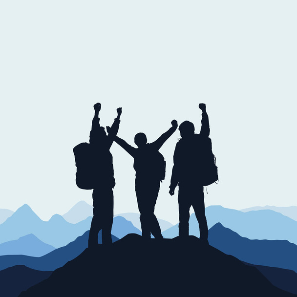 Vector illustration of a mountain landscape with realistic silhouettes of three mountain climbers on the top of a mountain with victorious gesture under an blue sky with fog - Vector, Image