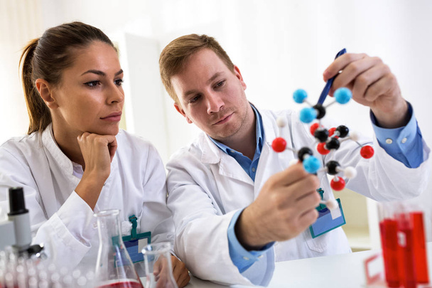 Kaksi kemian opiskelijaa tutkii molekyylimallia ja tekee
  - Valokuva, kuva