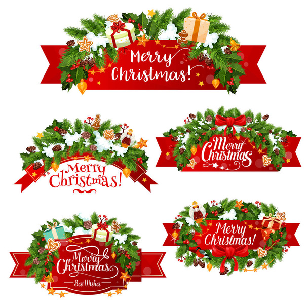 Christmas vector greeting ribbon decoration icons - Vecteur, image