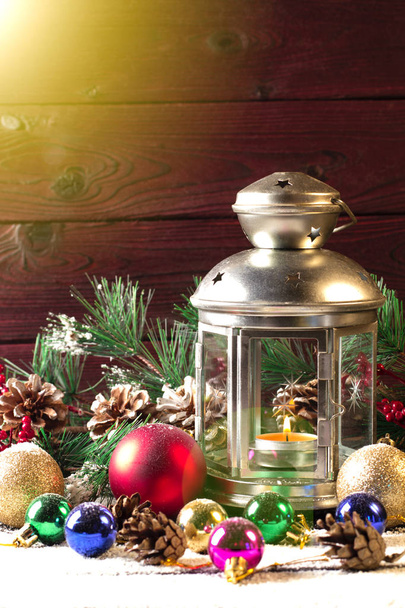 Christmas lamp on wooden table - Foto, Imagen
