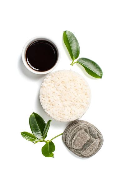 Rice and natural soy sauce on a white background - Zdjęcie, obraz