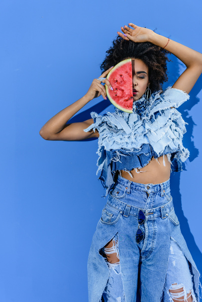 stylish african american girl with watermelon - Photo, Image