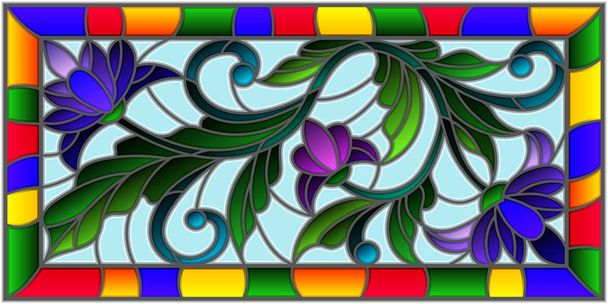 Ілюстрація у вітражному стилі з абстрактними фіолетовими квітами на синьому фоні в яскравій рамці
 - Вектор, зображення