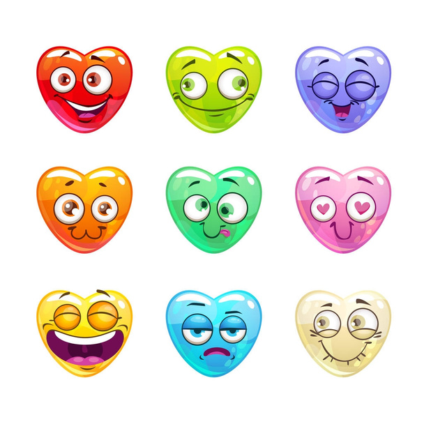 Αστεία χαρακτήρες κινουμένων σχεδίων πολύχρωμα γυαλιστερό καρδιά - Διάνυσμα, εικόνα