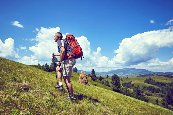 Bir sırt çantası ile yaz aylarında dağlarda hiking. - Fotoğraf, Görsel