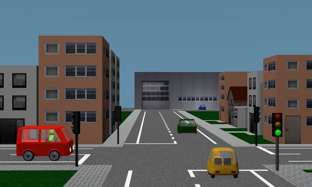 Cruce por carretera con semáforos, coches, casas y fábrica
. - Foto, imagen