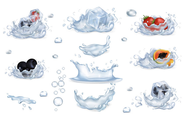 Water spatten en bevroren vruchten en bessen Set - Vector, afbeelding