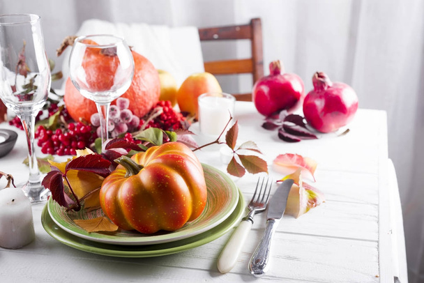 decorated table with pumpkin - Фото, зображення