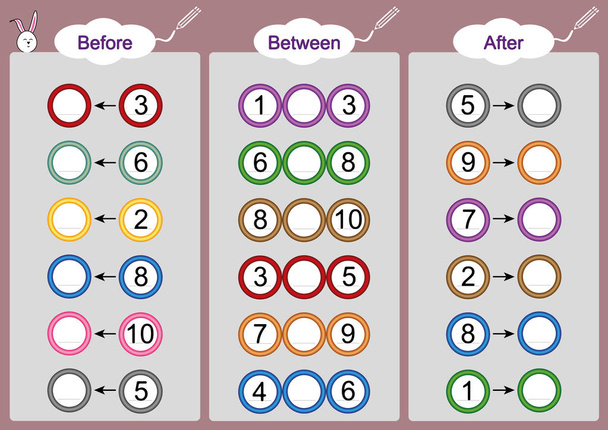 O que vem antes e depois, planilhas de matemática para crianças
 - Vetor, Imagem