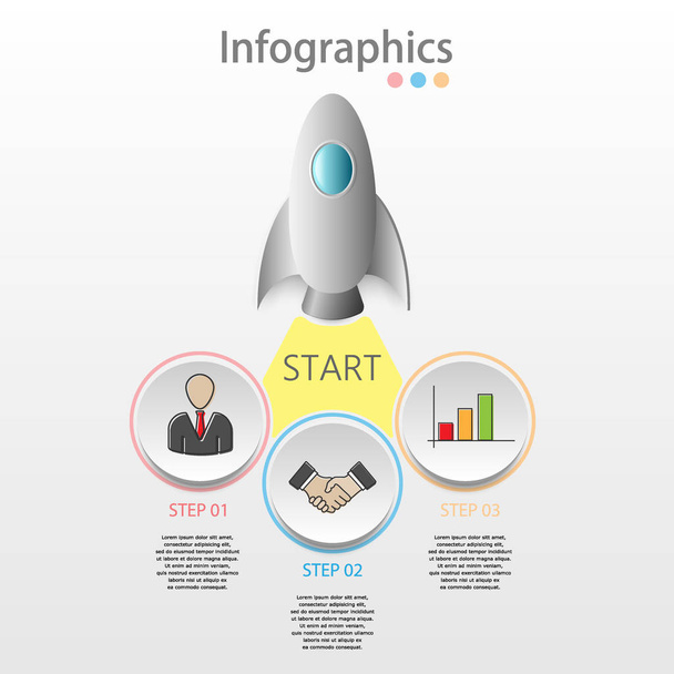 Infographics. Flying rocket. Three steps. - Διάνυσμα, εικόνα