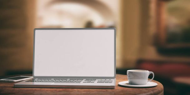Laptop-val egy fából készült asztal fehér képernyő. Elmosódott háttér kávézóban. 3D-s illusztráció - Fotó, kép