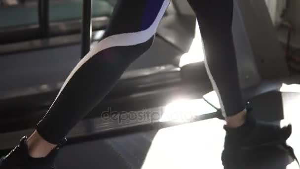 ženské nohy na běžecký pás closeup. dívka v teniskách na běžícím pásu. kardio cvičení v tělocvičně - Záběry, video