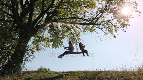 Δύο κορίτσια κουνιέστε σε μία κούνια κάτω από ένα δέντρο. - Πλάνα, βίντεο