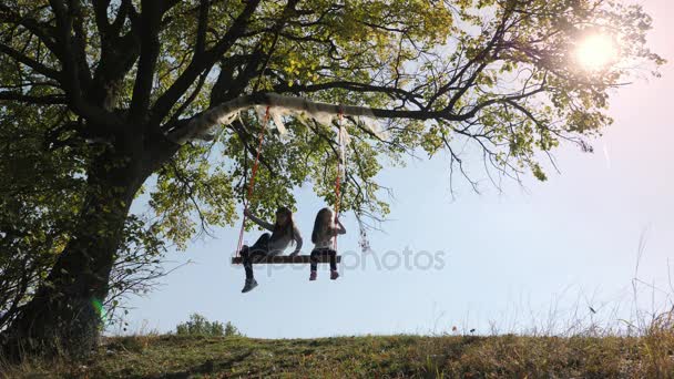 Две девушки качаются на качелях под деревом
. - Кадры, видео