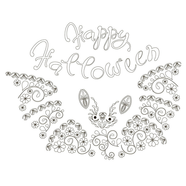 Typografie nápisu Happy Halloween. Monochromatický rukou nakreslené okrasné bat silueta - Vektor, obrázek