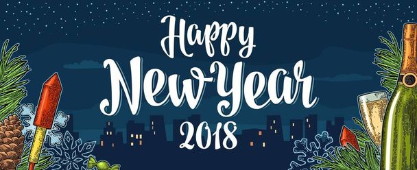 Poster Happy New Year 2018 calligrafia lettering con città di notte
 - Vettoriali, immagini