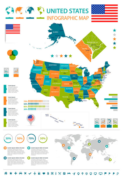 США - инфографическая карта и флаг - иллюстрация
 - Вектор,изображение