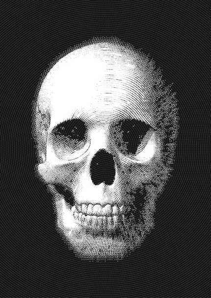 Monochorme engraving skull illustration on dark ripple BG - Διάνυσμα, εικόνα