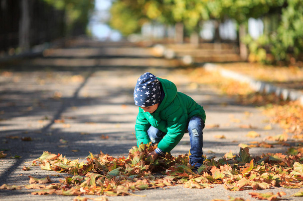 A boy plays in the autumn on the street - Фото, изображение