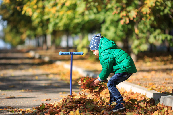 A boy plays in the autumn on the street - Fotó, kép