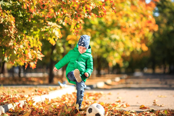 A boy plays in the autumn on the street - Foto, immagini
